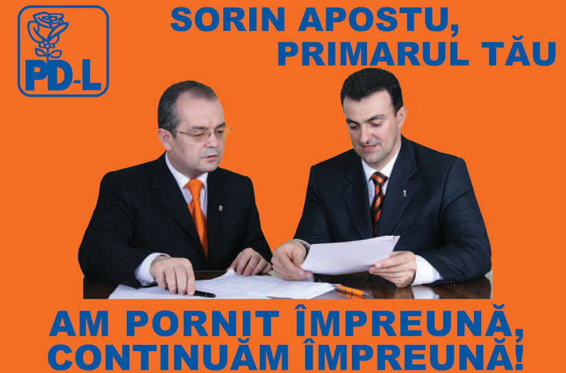 Afișul de campanie pentru alegerea lui Apostu sub îndrumarea lui Boc