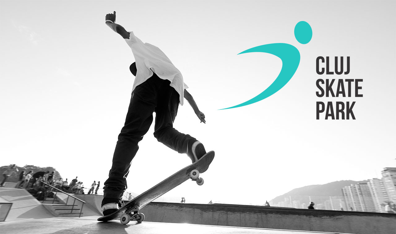 Imagine skater cu logo Cluj Skate Park suprapus